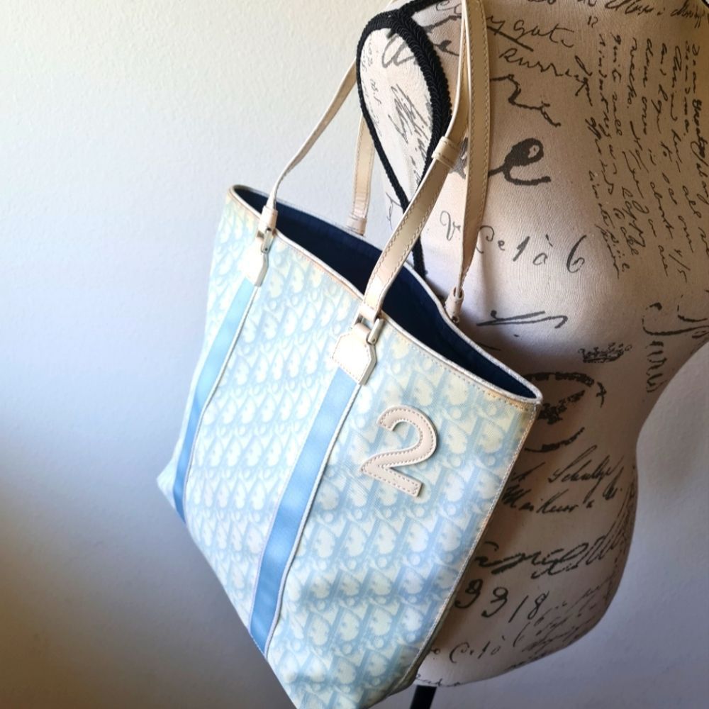Authentic Christain Dior Trotter Tote Bag Blue